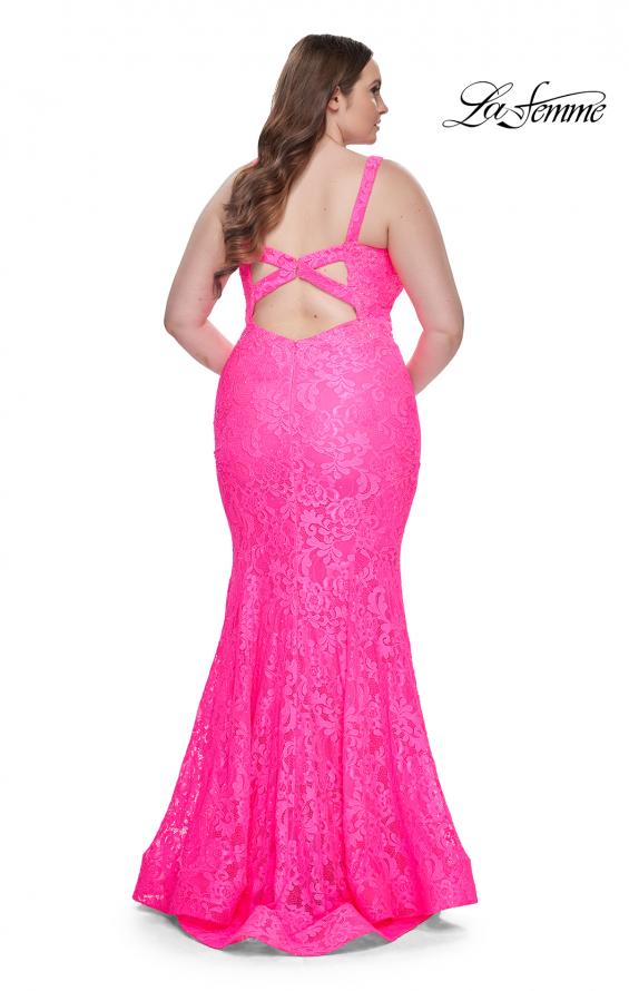 Picture of: Mermaid Lace Plus Size Prom Dress with Deep V in Neon Pink, Style: 31118, Detail Picture 3