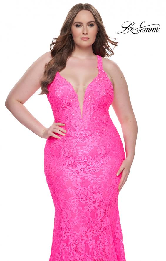 Picture of: Mermaid Lace Plus Size Prom Dress with Deep V in Neon Pink, Style: 31118, Detail Picture 4