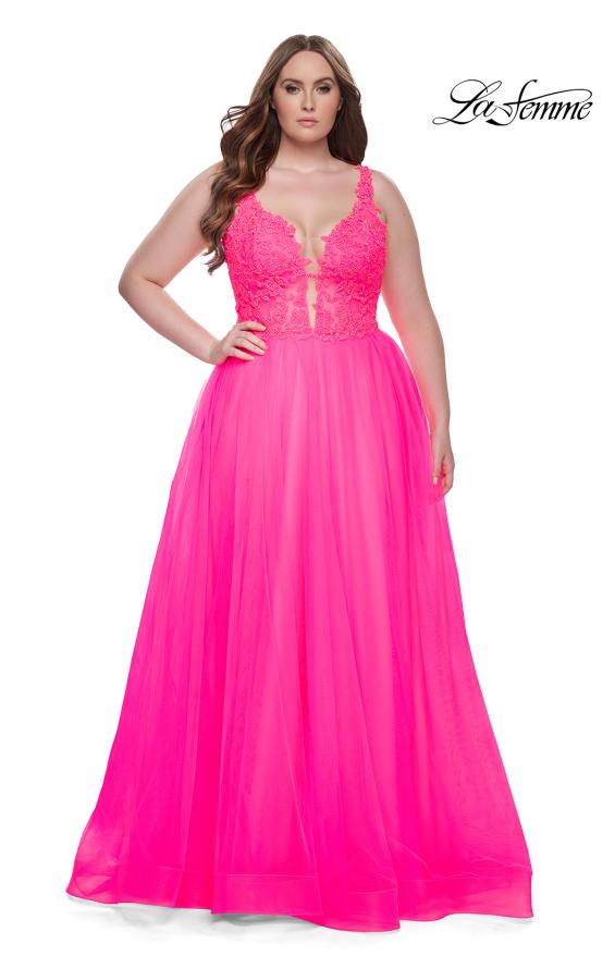 Picture of: Deep V Plus Size Tulle Dress with Lace Illusion Bodice in Neon Pink, Style: 31394, Detail Picture 6