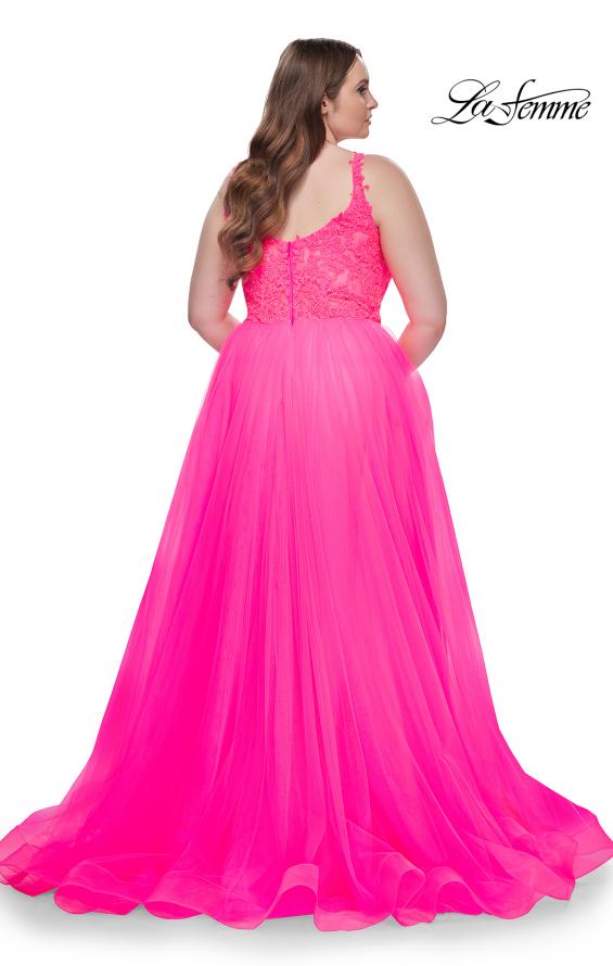 Picture of: Deep V Plus Size Tulle Dress with Lace Illusion Bodice in Neon Pink, Style: 31394, Detail Picture 7