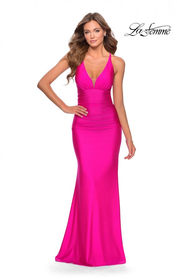 Picture of: Ruched Jersey Prom Dress with Strappy Lace Up Back in Neon Pink, Style: 28297, Main Picture
