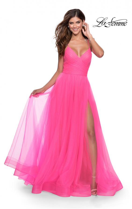Picture of: Long Tulle A-line Prom Gown with Side Slit and Pockets in Neon Pink, Style: 28561, Main Picture
