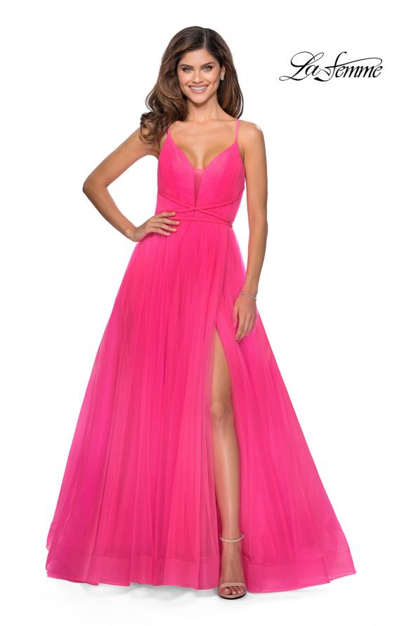 Picture of: Long Tulle Prom Dress with Criss Cross Bodice Detail in Neon Pink, Style: 28893, Main Picture