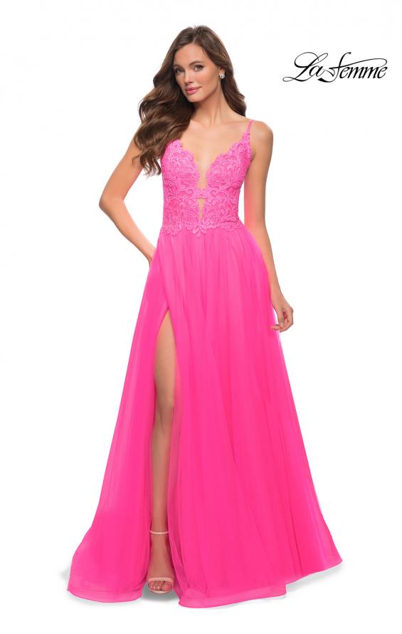 Picture of: A Line Tulle Gown with Lace Bodice and V Back in Neon Pink, Style 29964, Main Picture