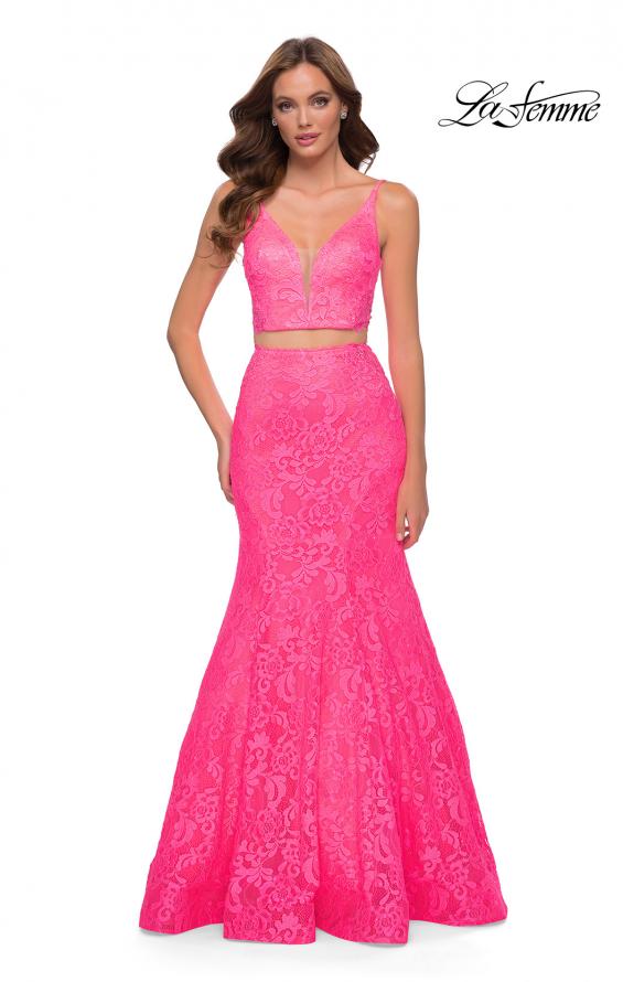 Picture of: Two Piece Gown with Mermaid Skirt and Sheer Sides in Neon Pink, Style 29967, Main Picture