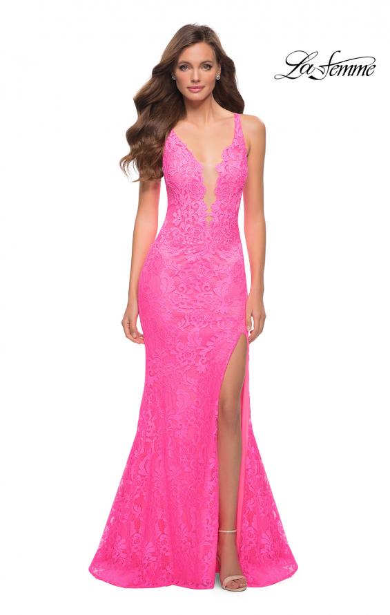 Picture of: Stretch Lace Gown with Slit and Open Keyhole Back in Neon Pink, Style 29978, Main Picture