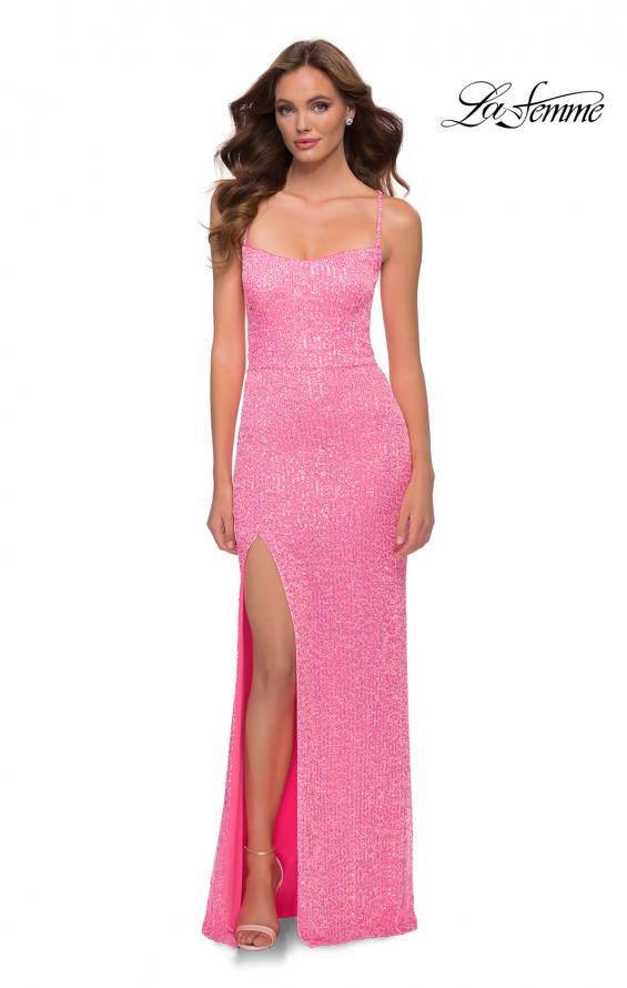 Picture of: Neon Sequin Prom Dress with Square Neckline in Neon Pink, Style 29986, Main Picture