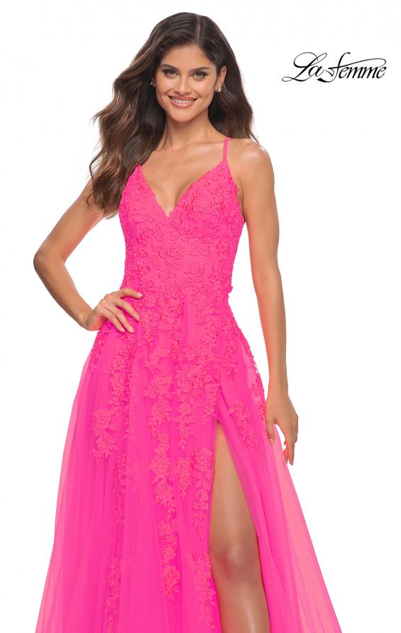 Picture of: Tulle Prom Dress with Lace Detail in Neon Pink in Neon Pink, Main Picture