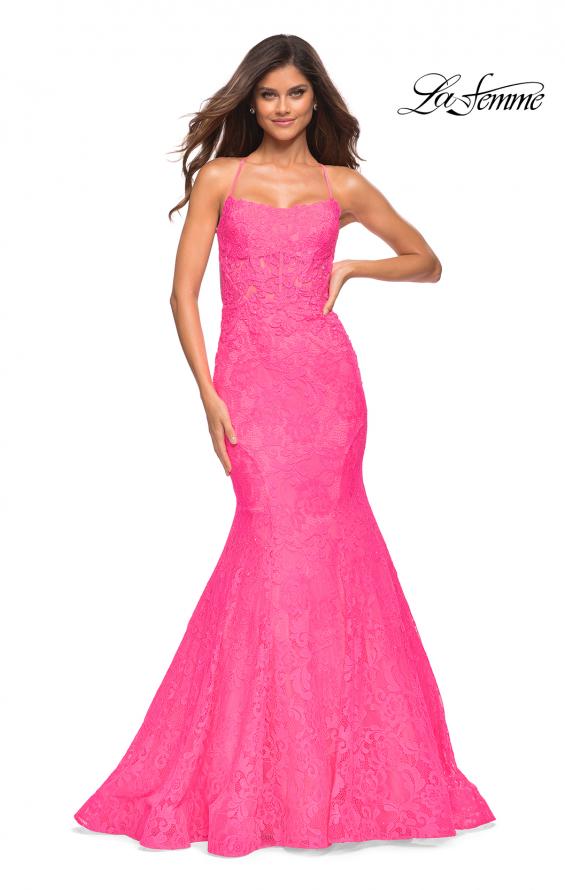 Picture of: Neon Pink Mermaid Lace Gown with Sheer Bodice and Open Back in Neon Pink, Main Picture