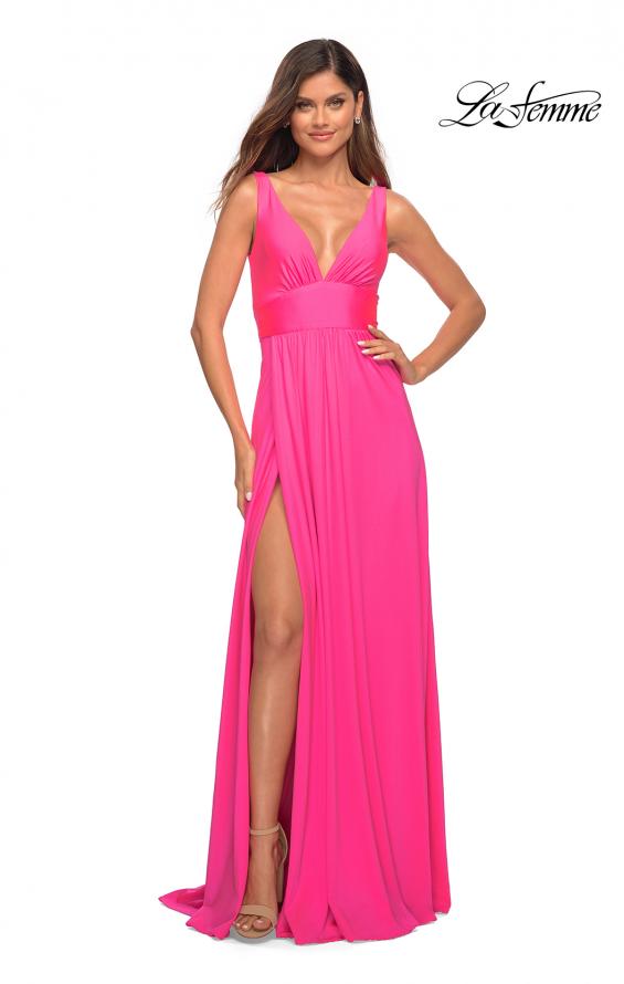 Picture of: Empire Waist Gown with Deep V Neckline in Neon in Neon Pink, Style: 30669, Main Picture