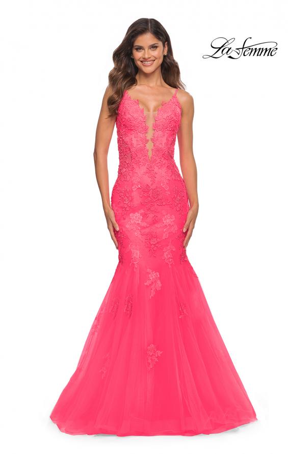 Picture of: Tulle and Lace Mermaid Gown in Neon Pink in Neon Pink, Main Picture