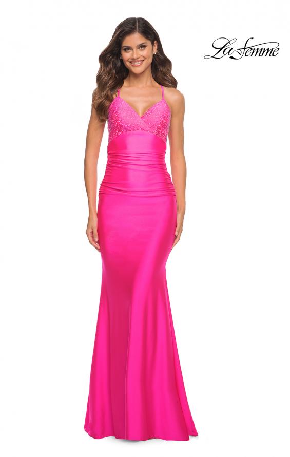 Picture of: Fitted Jersey Gown with Rhinestone Top in Neon Pink in Neon Pink, Main Picture