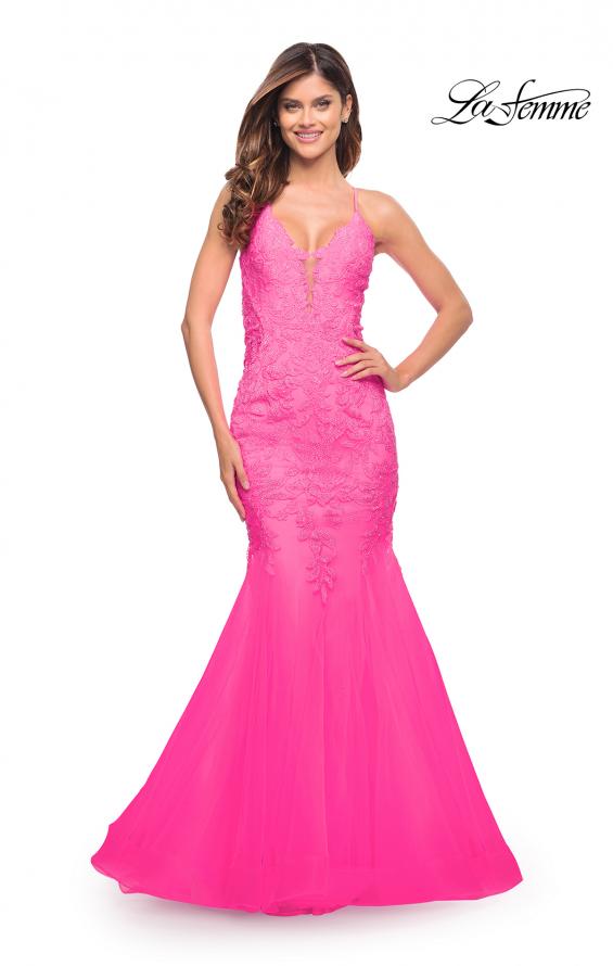 Picture of: Mermaid Tulle and Lace Jeweled Prom Dress in Neon Pink in Neon Pink, Style: 30692, Main Picture