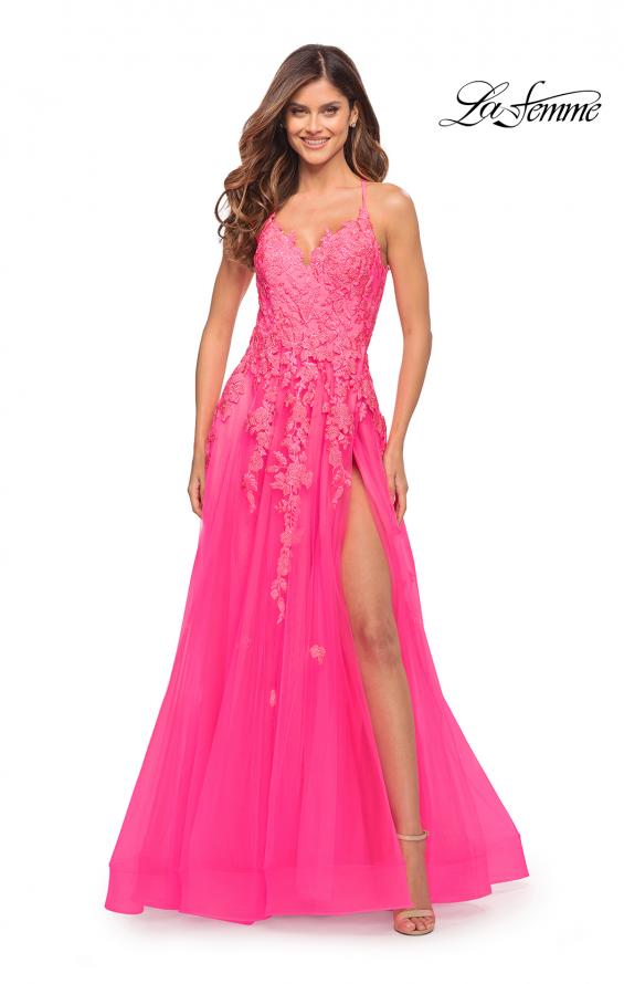 Picture of: Gorgeous Lace and Tulle Ball Gown with High Slit in Neon Pink in Neon Pink, Style: 30693, Main Picture