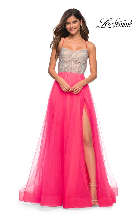 Picture of: Neon Tulle Ballgown with Jeweled Top and Pockets in Neon Pink, Main Picture