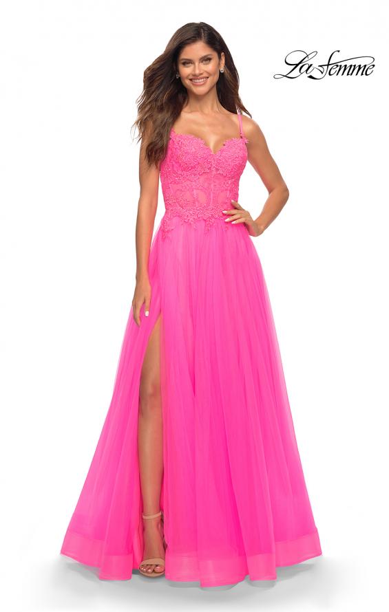 Picture of: Neon Pink Tulle and Lace Ballgown with Illusion Bodice in Neon Pink, Main Picture