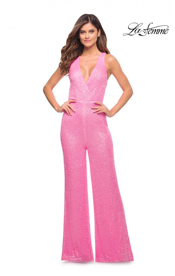Picture of: Neon Pink Sequin Jumpsuit with Criss Cross Back in Neon Pink, Style: 30811, Main Picture