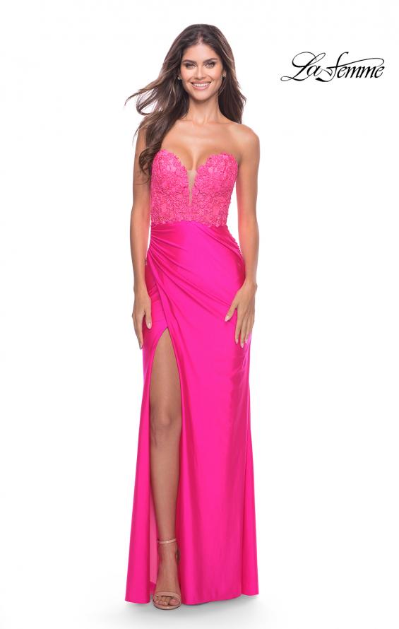 Picture of: Long Dress with Jersey Skirt and Lace Illusion Bodice in Neon in Neon Pink, Style: 31411, Main Picture