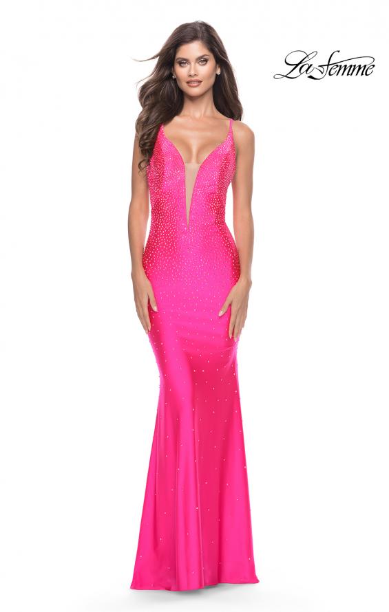 Picture of: Bedazzled Rhinestone Jersey Gown with Deep V Neckline in Neon in Neon Pink, Style: 31413, Main Picture