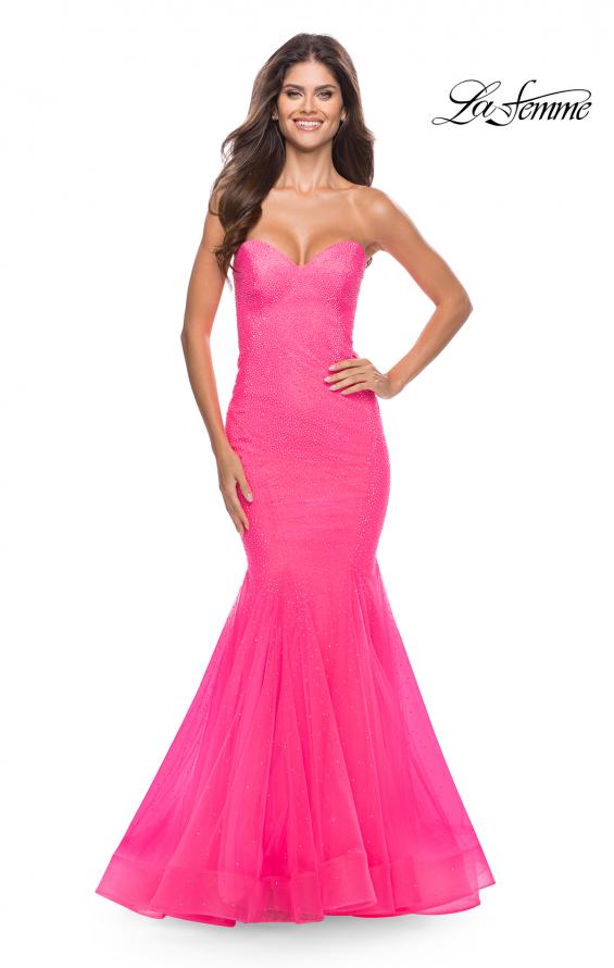 Picture of: Rhinestone Fully Embellished Prom Dress with Sheer Bodice in Neon in Neon Pink, Style: 31421, Main Picture