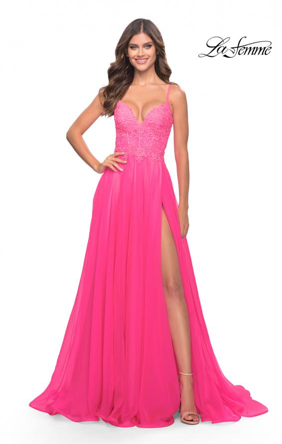 Picture of: A-line Gown with Sheer Floral Embellished Bodice in Neon Pink in Neon Pink, Style: 31506, Main Picture