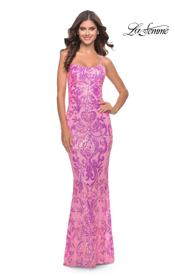 Picture of: Print Sequin Gown with Square Neckline in Neon Pink, Style: 31521, Main Picture