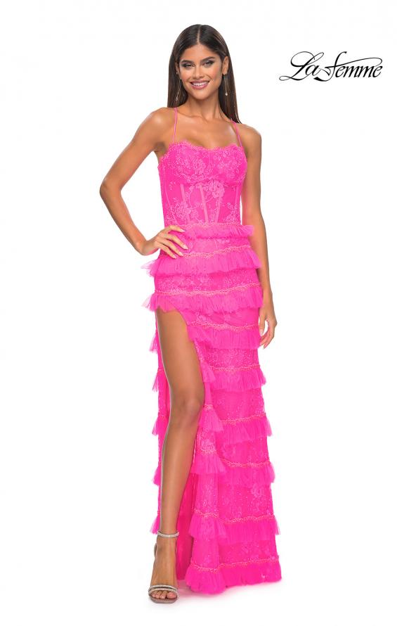 Picture of: Fitted Ruffle Skirt Lace Dress with Illusion Bodice in Neon Pink, Style: 32442, Main Picture