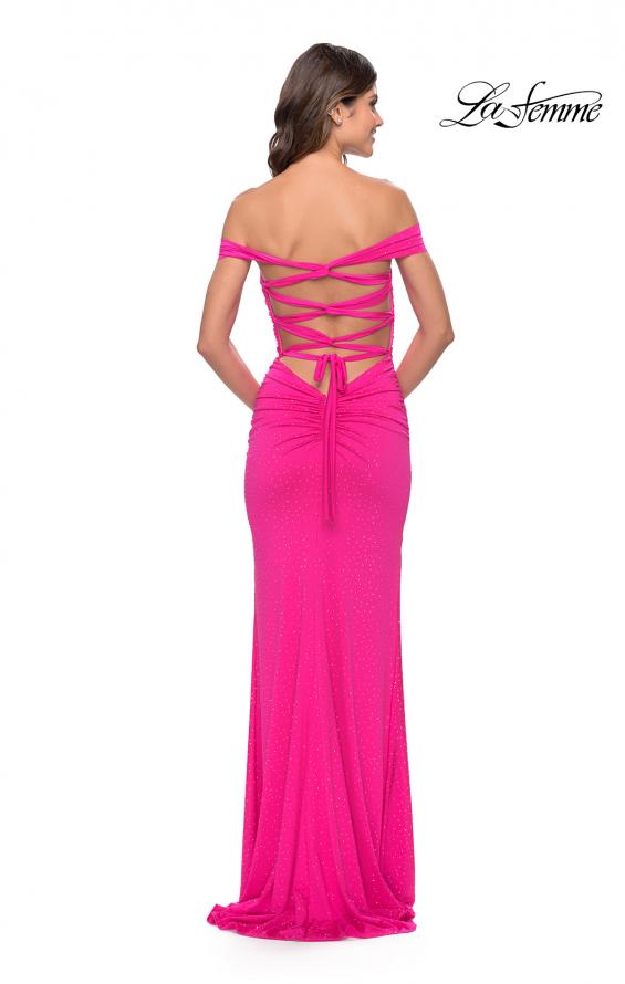 Picture of: Rhinestone Off the Shoulder Dress with Lace Up Back in Neon Pink, Style: 31276, Detail Picture 8