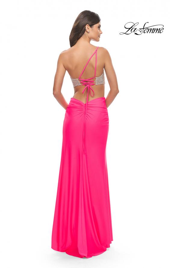 Picture of: One Shoulder Dress with Side Cut Out and Rhinestone Bodice in Neon Pink, Style: 31600, Detail Picture 8
