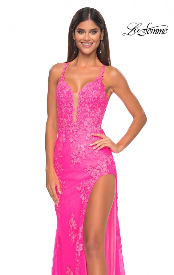 Picture of: Lace Fitted Dress with Deep V Neckline and Lace Applique in Neon Pink, Style: 32205, Detail Picture 8