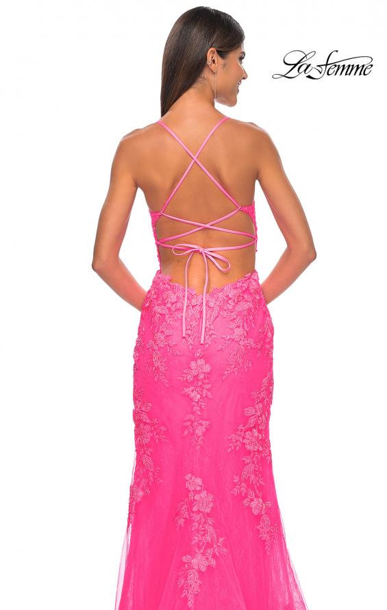 Picture of: Lace Fitted Dress with Deep V Neckline and Lace Applique in Neon Pink, Style: 32205, Detail Picture 9