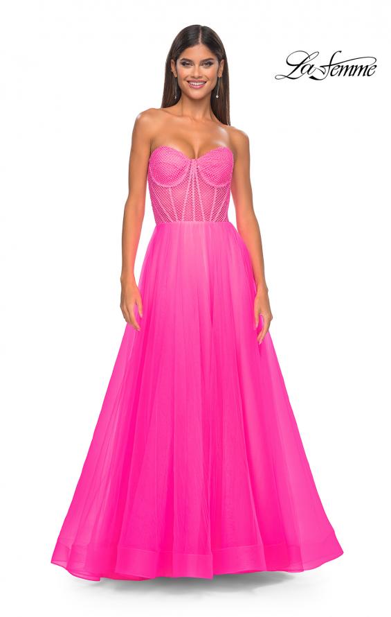 Picture of: Neon A-Line Tulle Prom Dress with Rhinestone Fishnet Bodice in Neon Pink, Style: 32445, Detail Picture 9