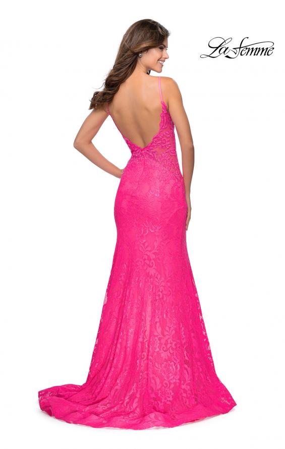 Picture of: Long Mermaid Lace Dress with Back Rhinestone Detail in Neon Pink, Style: 28355, Detail Picture 12