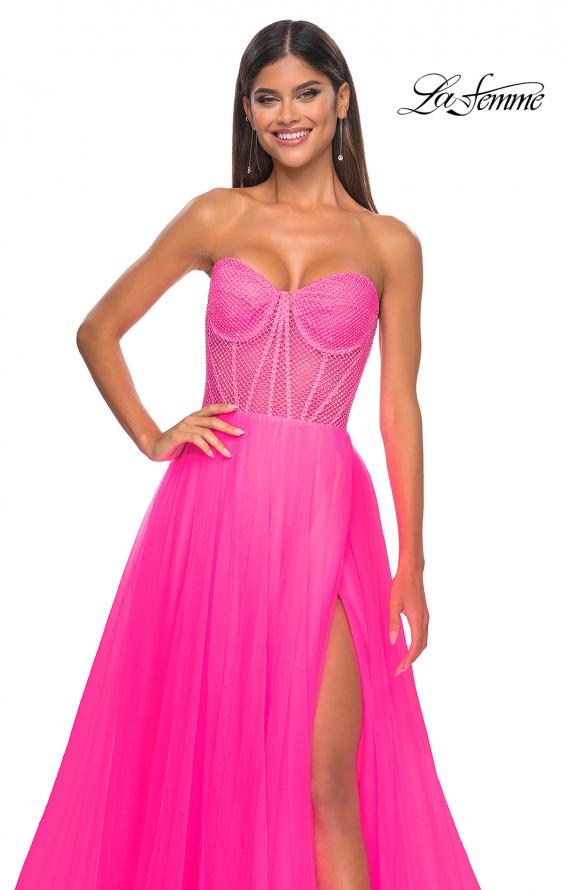 Picture of: Neon A-Line Tulle Prom Dress with Rhinestone Fishnet Bodice in Neon Pink, Style: 32445, Detail Picture 15