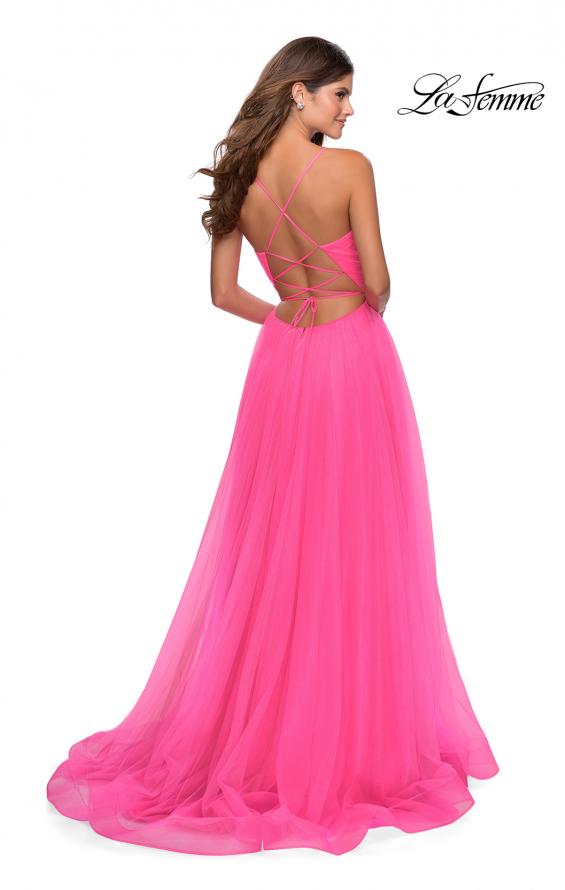 Picture of: Long Tulle A-line Prom Gown with Side Slit and Pockets in Neon Pink, Style: 28561, Back Picture