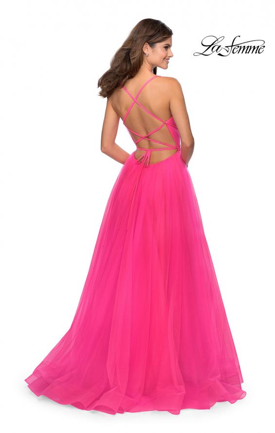 Picture of: Long Tulle Prom Dress with Criss Cross Bodice Detail in Neon Pink, Style: 28893, Back Picture