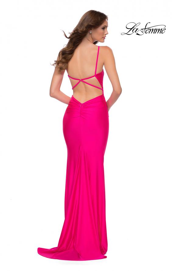 Picture of: Neon Pink Fitted Gown with Deep V anc Ruching in Neon Pink, Style 29966, Back Picture