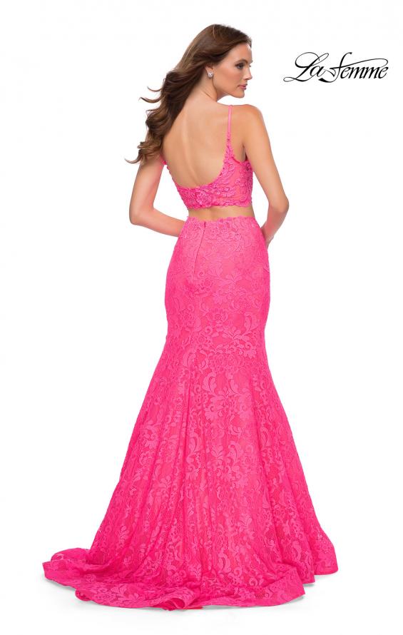Picture of: Two Piece Gown with Mermaid Skirt and Sheer Sides in Neon Pink, Style 29967, Back Picture