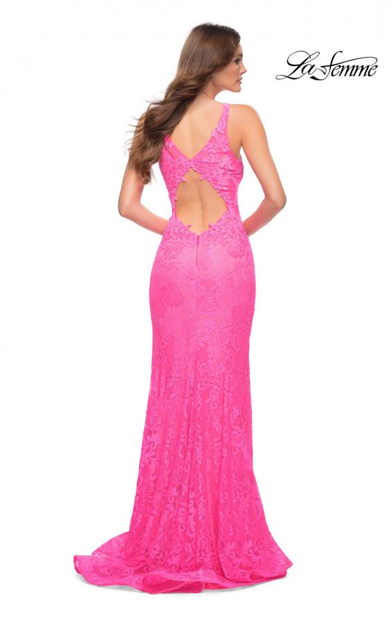 Picture of: Stretch Lace Gown with Slit and Open Keyhole Back in Neon Pink, Style 29978, Back Picture