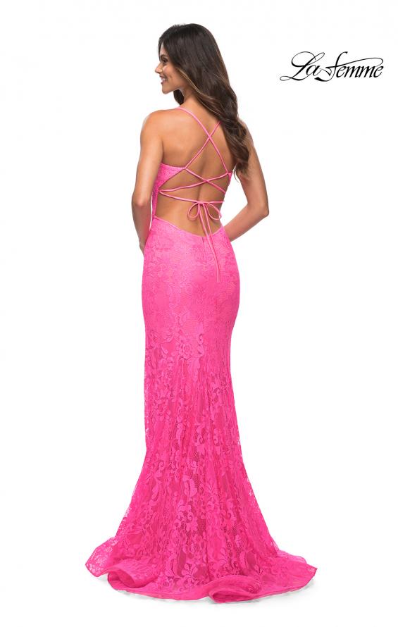 Picture of: Neon Lace Prom Gown With Sheer Bodice and Tie Up Back in Neon Pink, Back Picture
