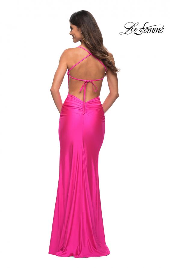 Picture of: Neon Pink Long Tie Up Back Jersey Prom Dress with Slit in Neon Pink, Back Picture