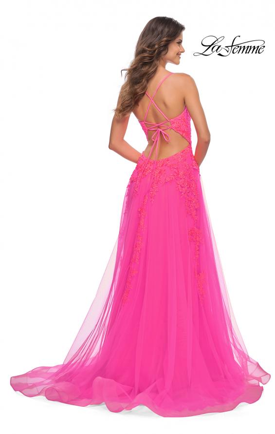 Picture of: Tulle Prom Dress with Lace Detail in Neon Pink in Neon Pink, Back Picture