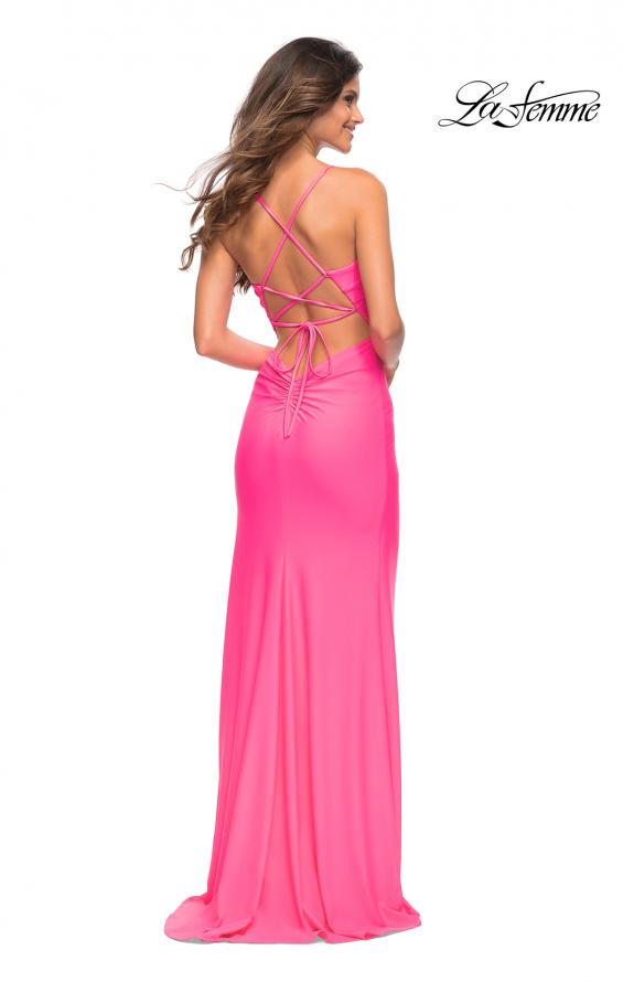 Picture of: Neon Jersey Luxe Gown with Draped Slit and Strappy Back in Neon Pink, Back Picture