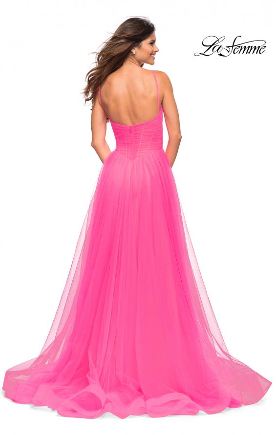 Picture of: Neon Pink Tulle A-line Prom Dress with Corset Sheer Bodice in Neon Pink, Back Picture