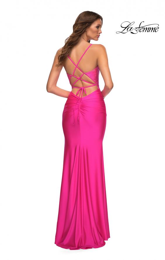 Picture of: Neon Jersey Dress with Rhinestone Beaded Top and V Neck in Pink, Style: 30601, Back Picture