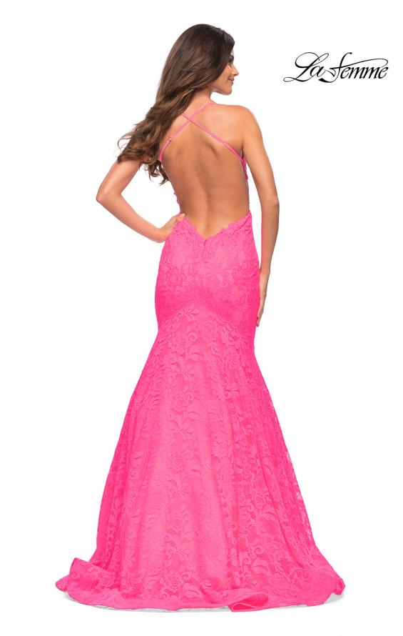 Picture of: Neon Pink Mermaid Lace Gown with Sheer Bodice and Open Back in Neon Pink, Back Picture