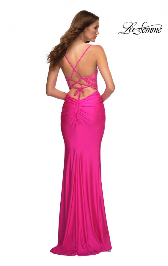 Picture of: Neon Prom Dress with Beautiful Lace Bodice and Jersey Skirt in Pink, Style: 30606, Back Picture