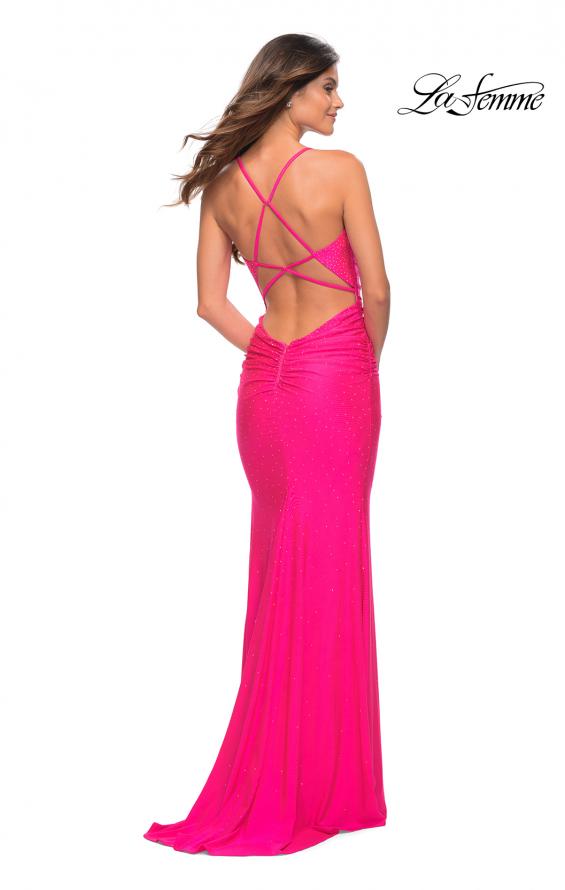 Picture of: Sparkle Rhinestone Long Jersey Prom Dress in Neon Pink in Neon Pink, Back Picture