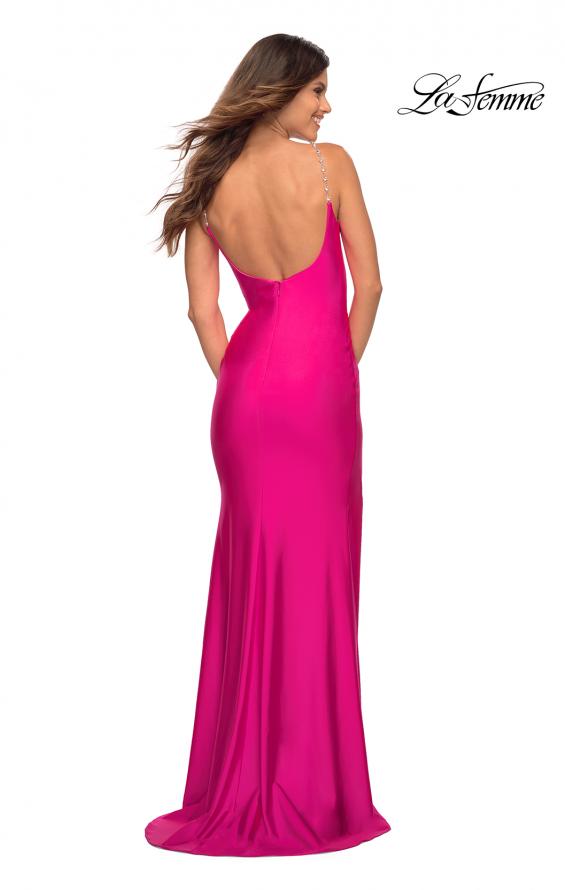 Picture of: Jeweled Rhinestone Strap Long Prom Dress in Neon in Neon Pink, Back Picture