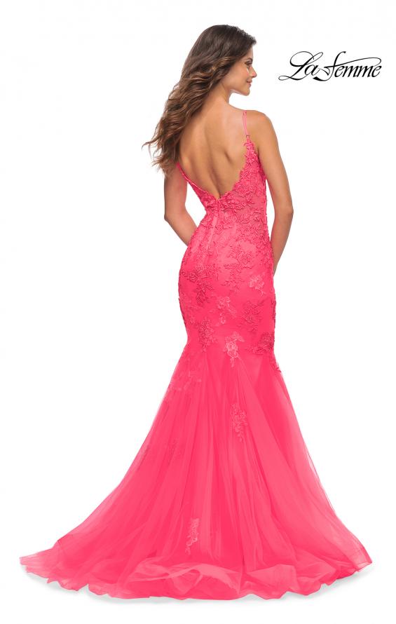 Picture of: Tulle and Lace Mermaid Gown in Neon Pink in Neon Pink, Back Picture